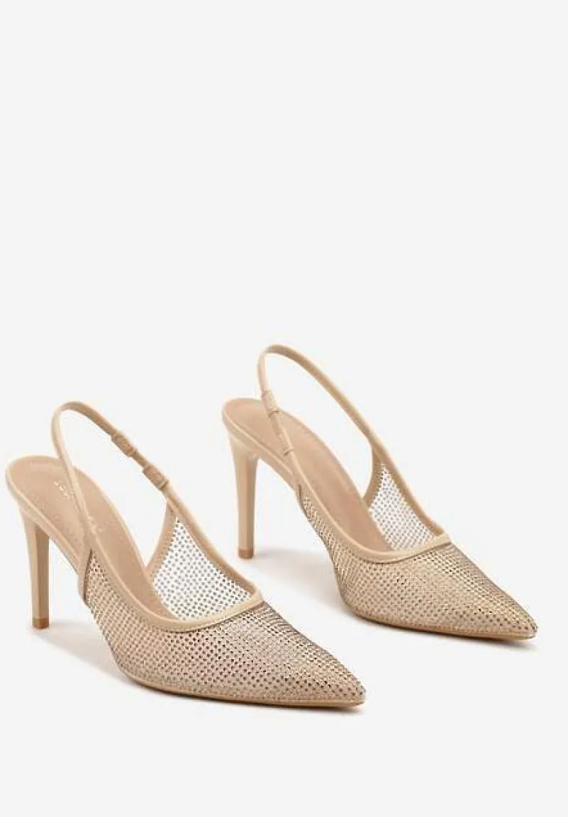 Beżowe Cyrkoniowe Szpilki ze Szpiczastym Noskiem i Odsłoniętą Piętą Sanaraia