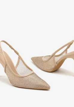 Beżowe Cyrkoniowe Szpilki ze Szpiczastym Noskiem i Odsłoniętą Piętą Sanaraia