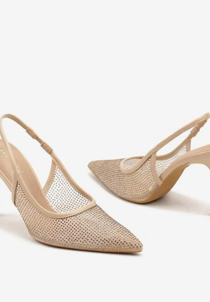 Beżowe Cyrkoniowe Szpilki ze Szpiczastym Noskiem i Odsłoniętą Piętą Sanaraia