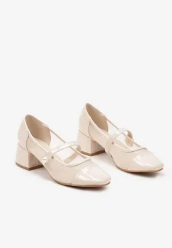 Beżowe Czółenka Lakierowane na Słupku z Przezroczystą Wstawką i Perełką Sinnalia