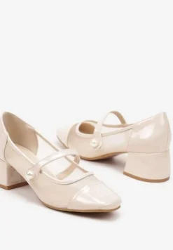 Beżowe Czółenka Lakierowane na Słupku z Przezroczystą Wstawką i Perełką Sinnalia