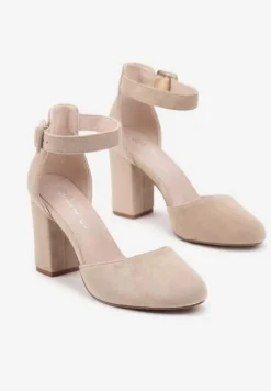 Beżowe Czółenka na Obcasie Typu Słupek ze Skórzaną Wkładką i Paseczkiem Wokół Kostki Belandria