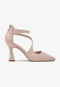 Beżowe Czółenka na Obcasie Typu Klepsydra ze Skośnymi Paskami Enollia