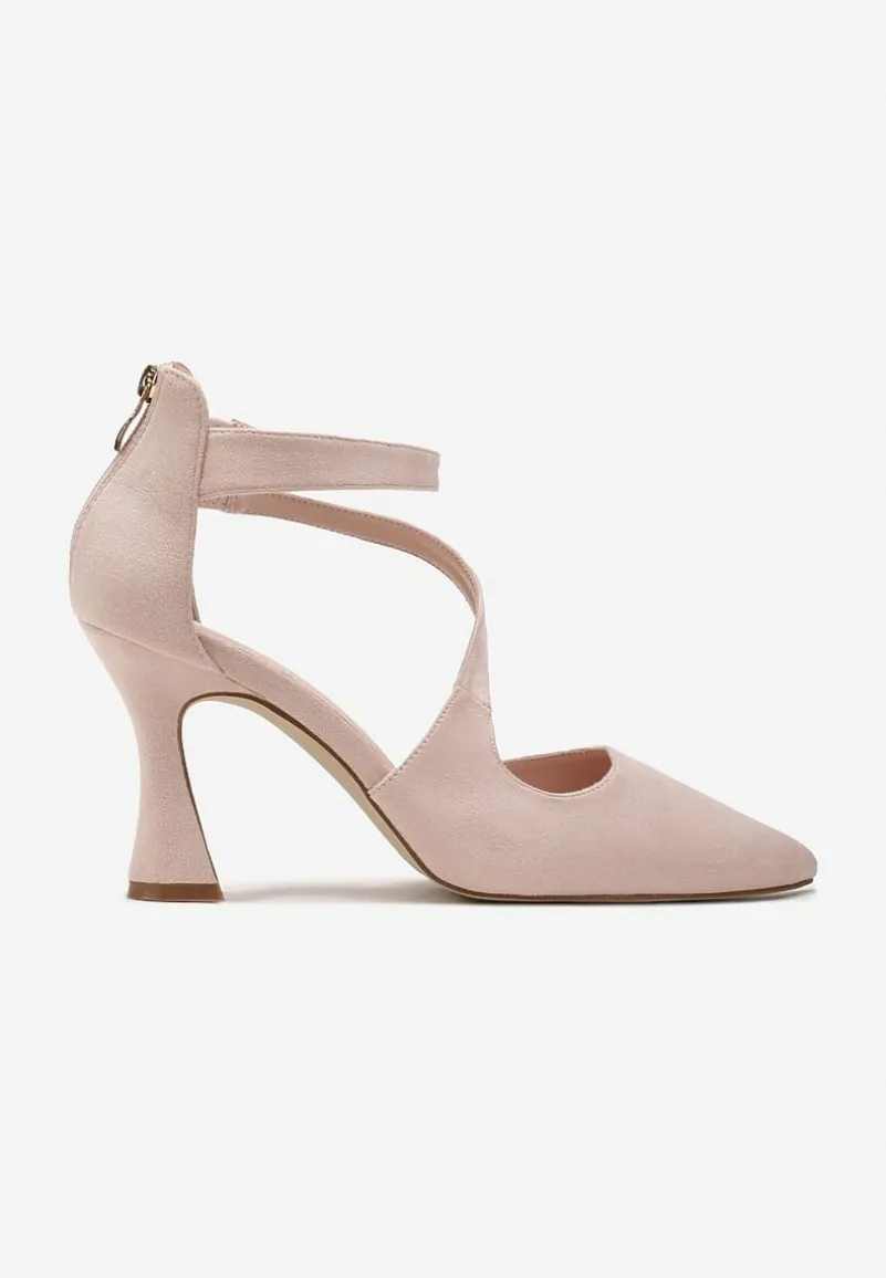 Beżowe Czółenka na Obcasie Typu Klepsydra ze Skośnymi Paskami Enollia