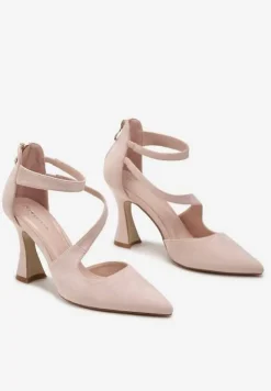 Beżowe Czółenka na Obcasie Typu Klepsydra ze Skośnymi Paskami Enollia