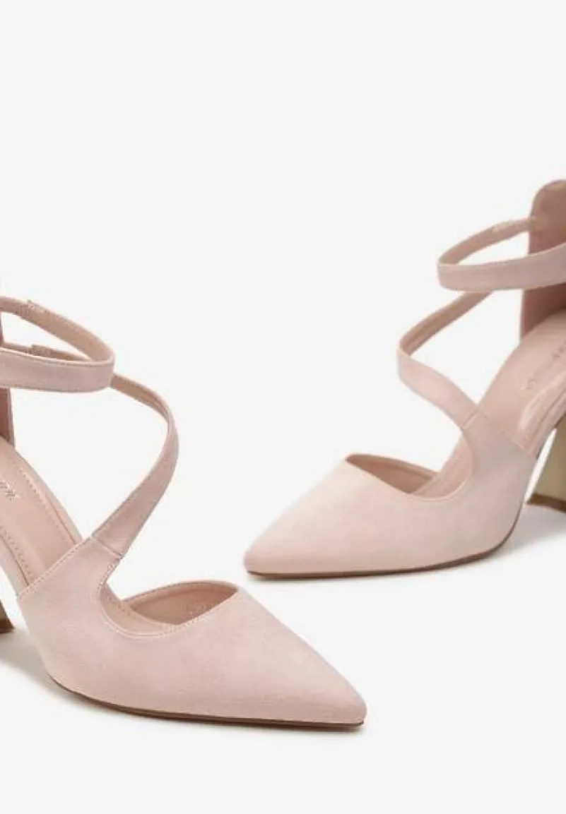 Beżowe Czółenka na Obcasie Typu Klepsydra ze Skośnymi Paskami Enollia