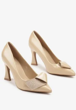Beżowe Czółenka na Obcasie Typu Klepsydra Zdobione Aplikacją z Cyrkoniami Rialese