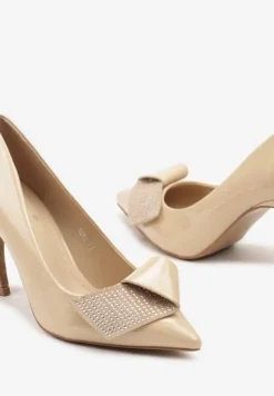 Beżowe Czółenka na Obcasie Typu Klepsydra Zdobione Aplikacją z Cyrkoniami Rialese