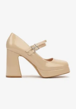 Beżowe Czółenka na Obcasie z Lakierowanym Połyskiem Zdobione Paskami ze Sprzączkami Viathena
