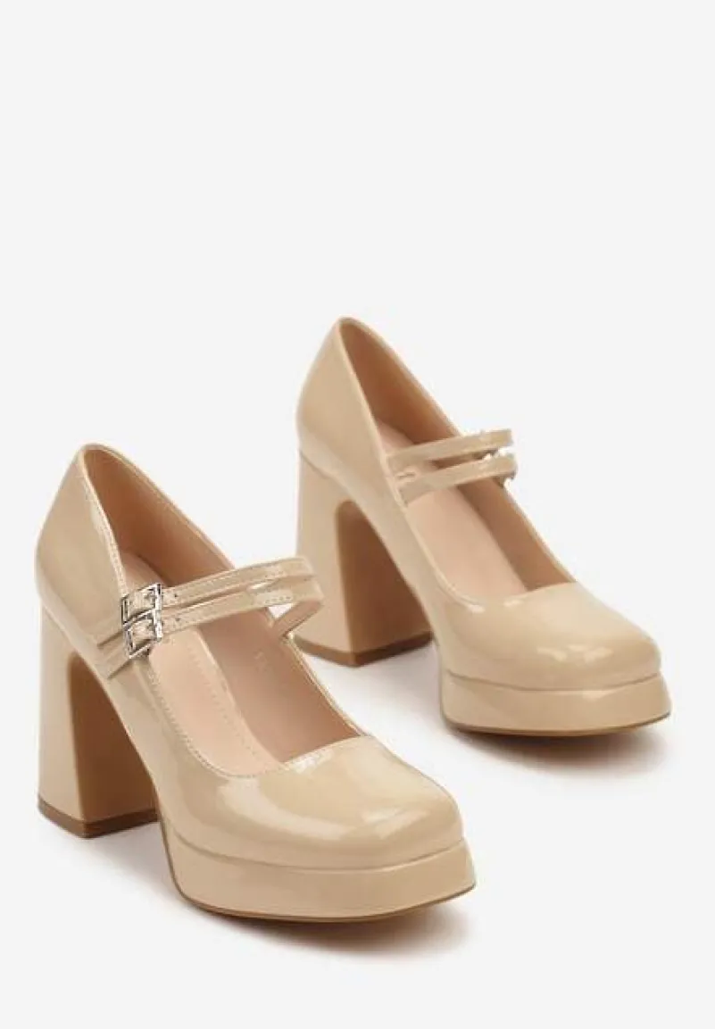Beżowe Czółenka na Obcasie z Lakierowanym Połyskiem Zdobione Paskami ze Sprzączkami Viathena