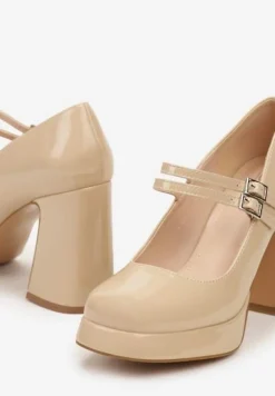 Beżowe Czółenka na Obcasie z Lakierowanym Połyskiem Zdobione Paskami ze Sprzączkami Viathena
