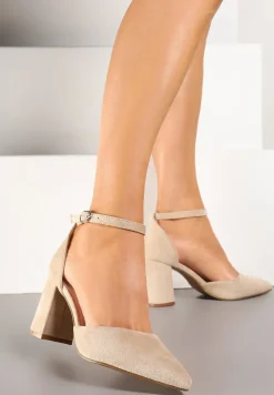 Beżowe Czółenka na Obcasie ze Skórzaną Wkładką i Paskiem Wokół Kostki Veliona
