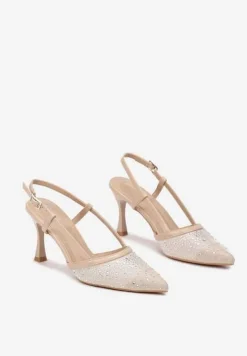 Beżowe Czółenka na Obcasie z Odkrytą Piętą Zdobione Cyrkoniami Jenamia