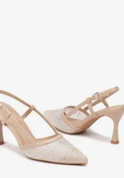 Beżowe Czółenka na Obcasie z Odkrytą Piętą Zdobione Cyrkoniami Jenamia