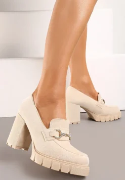 Beżowe Czółenka na Obcasie z Platformą i Klamerką z Cyrkoniami Arivela