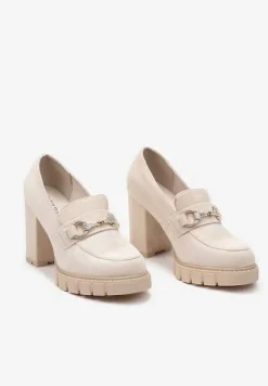 Beżowe Czółenka na Obcasie z Platformą i Klamerką z Cyrkoniami Arivela