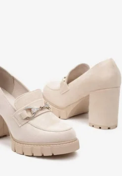 Beżowe Czółenka na Obcasie z Platformą i Klamerką z Cyrkoniami Arivela