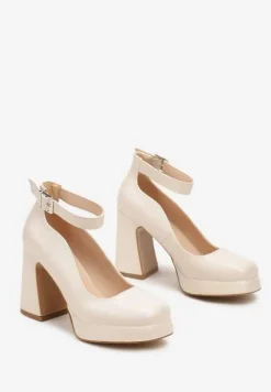 Beżowe Czółenka na Platformie i Stożkowym Słupku z Ozdobnym Paskiem Firirya