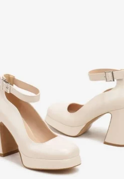 Beżowe Czółenka na Platformie i Stożkowym Słupku z Ozdobnym Paskiem Firirya