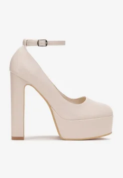 Beżowe Czółenka na Platformie i Słupku z Paskiem Delesa