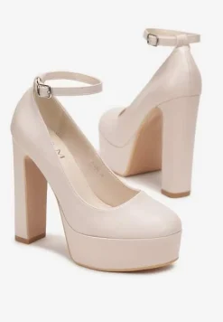 Beżowe Czółenka na Platformie i Słupku z Paskiem Delesa