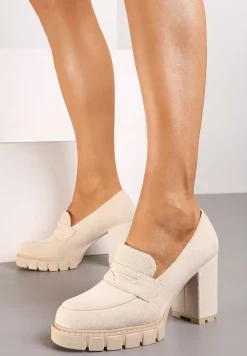 Beżowe Czółenka na Słupkowym Obcasie Relialia