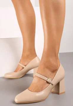 Beżowe Czółenka na Słupkowym Obcasie z Paskiem Zapinanym na Sprzączkę Leranea