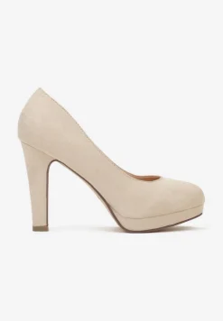 Beżowe Czółenka na Słupkowym Obcasie z Okrągłym Noskiem Enzla