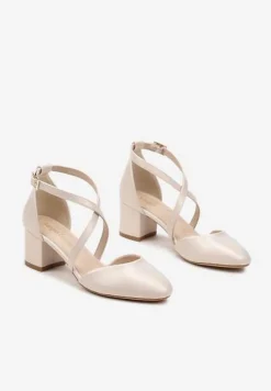 Beżowe Czółenka na Słupkowym Obcasie z Wkładką ze Skóry Naturalnej Dortia