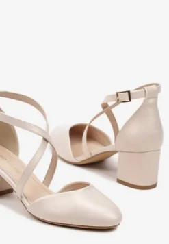 Beżowe Czółenka na Słupkowym Obcasie z Wkładką ze Skóry Naturalnej Dortia