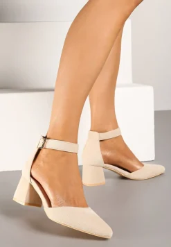 Beżowe Czółenka na Słupku Vices ze Skórzaną Wkładką i Paskiem Wokół Kostki Eveliri