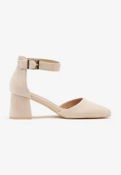 Beżowe Czółenka na Słupku Vices ze Skórzaną Wkładką i Paskiem Wokół Kostki Eveliri