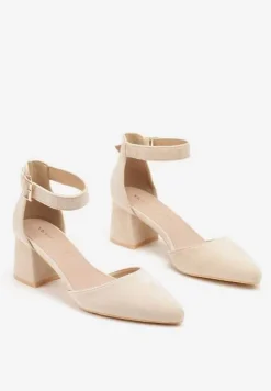 Beżowe Czółenka na Słupku Vices ze Skórzaną Wkładką i Paskiem Wokół Kostki Eveliri