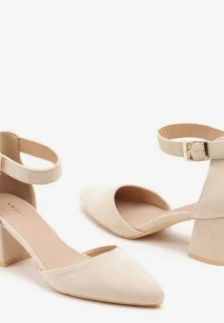 Beżowe Czółenka na Słupku Vices ze Skórzaną Wkładką i Paskiem Wokół Kostki Eveliri