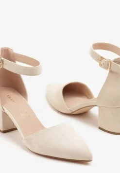 Beżowe Czółenka na Słupku Vices ze Skórzaną Wkładką i Paskiem przy Kostce Nurilora