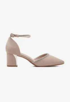 Beżowe Czółenka na Słupku z Metalicznymi Zdobieniami i Sprzączką Radinafe