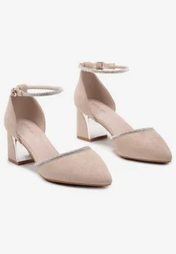 Beżowe Czółenka na Słupku z Metalicznymi Zdobieniami i Sprzączką Radinafe