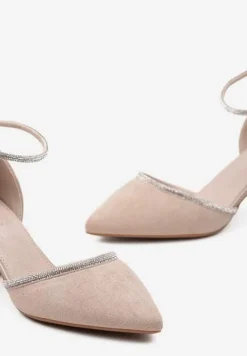 Beżowe Czółenka na Słupku z Metalicznymi Zdobieniami i Sprzączką Radinafe