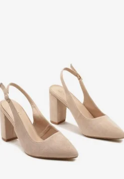 Beżowe Czółenka na Słupku z Noskiem w Szpic Effiloe