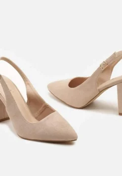 Beżowe Czółenka na Słupku z Noskiem w Szpic Effiloe