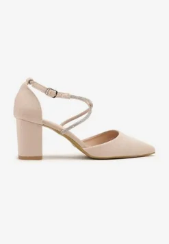 Beżowe Czółenka na Słupku z Noskiem w Szpic z Ozdobnymi Cyrkoniami i Sprzączką Trelive