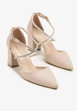 Beżowe Czółenka na Słupku z Noskiem w Szpic z Ozdobnymi Cyrkoniami i Sprzączką Trelive