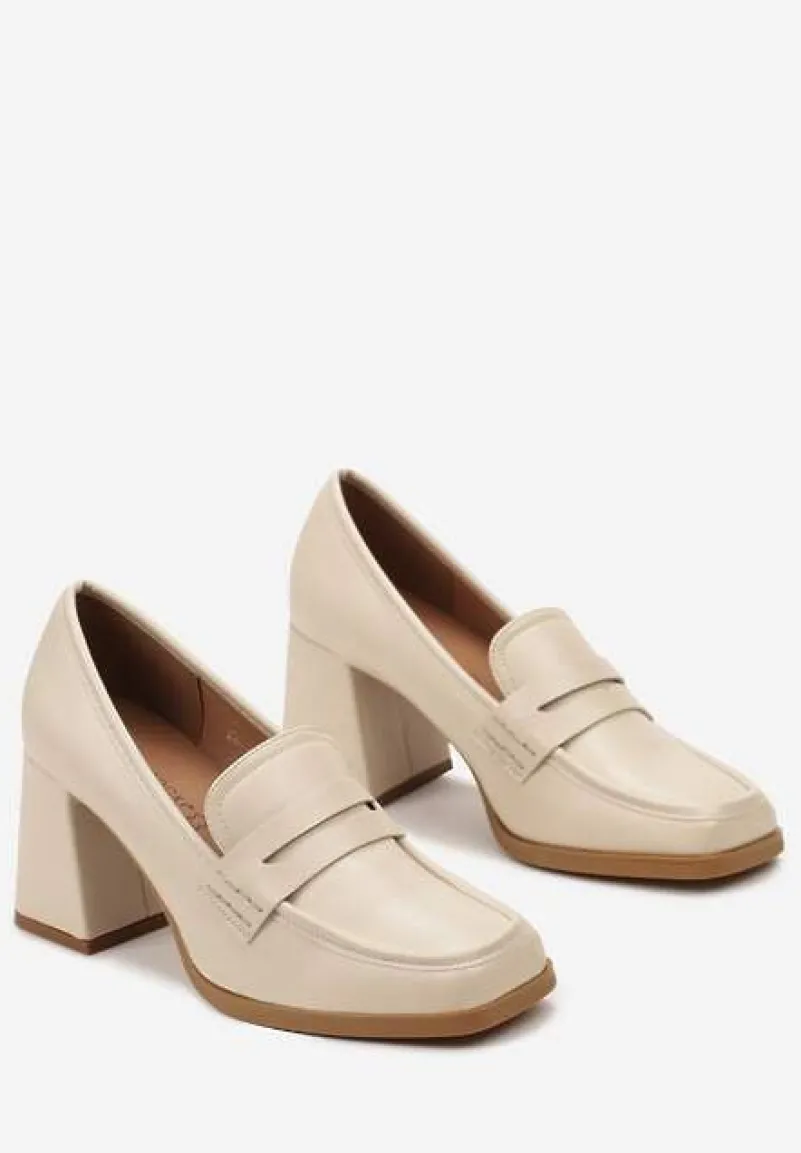 Beżowe Czółenka na Słupku z Ozdobnymi Przeszyciami i Skórzaną Wkładką Nilalia