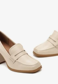 Beżowe Czółenka na Słupku z Ozdobnymi Przeszyciami i Skórzaną Wkładką Nilalia