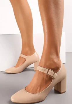 Beżowe Czółenka na Słupku z Paskiem i Migdałowym Noskiem Cornals