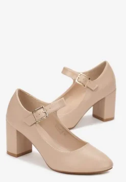 Beżowe Czółenka na Słupku z Paskiem i Migdałowym Noskiem Cornals