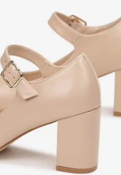 Beżowe Czółenka na Słupku z Paskiem i Migdałowym Noskiem Cornals