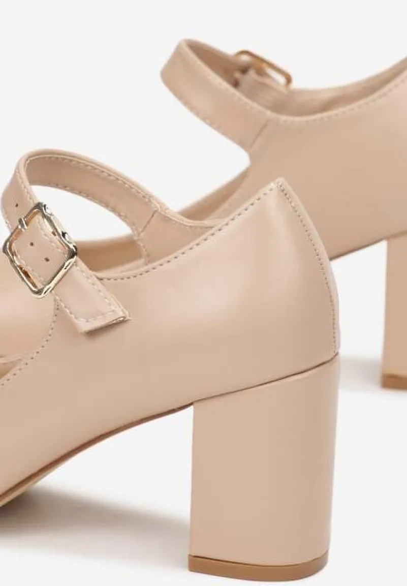 Beżowe Czółenka na Słupku z Paskiem i Migdałowym Noskiem Cornals