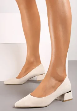 Beżowe Czółenka na Słupku z Wkładką ze Skóry Naturalnej i Szpiczastym Noskiem Tialani