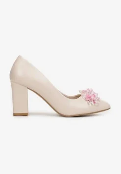 Beżowe Czółenka na Słupku z Wkładką ze Skóry Naturalnej Reyusa